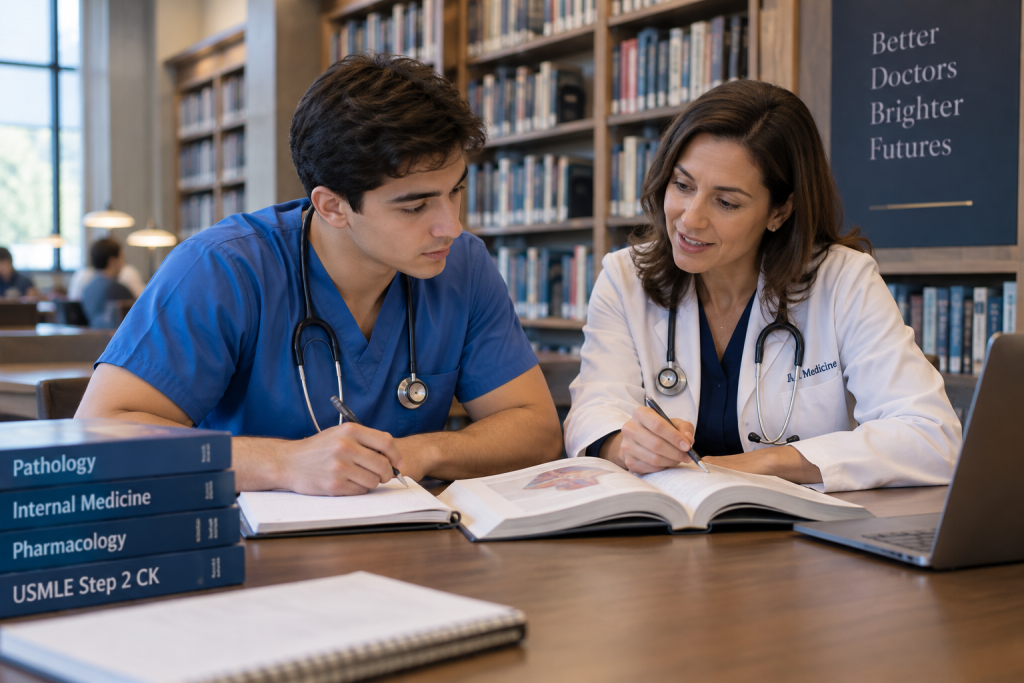 Personalized USMLE Step 2 CK Tutoring in a Medical Library Male medical student working with a female physician Step 2 tutor in medical library