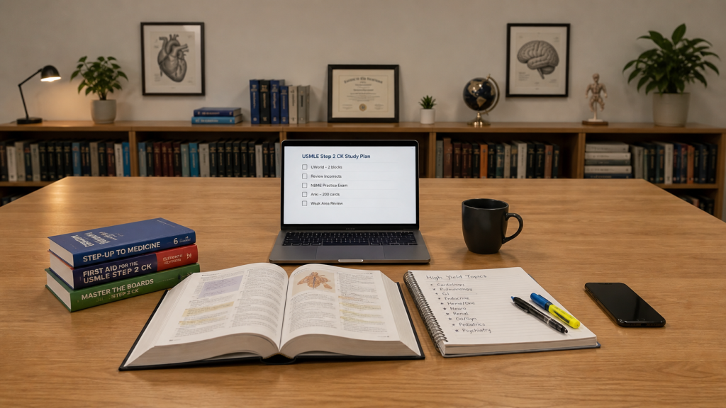 Personalized Step 2 CK Study Plan and Exam Preparation Personalized USMLE Step 2 CK study plan with laptop, medical books, and notes